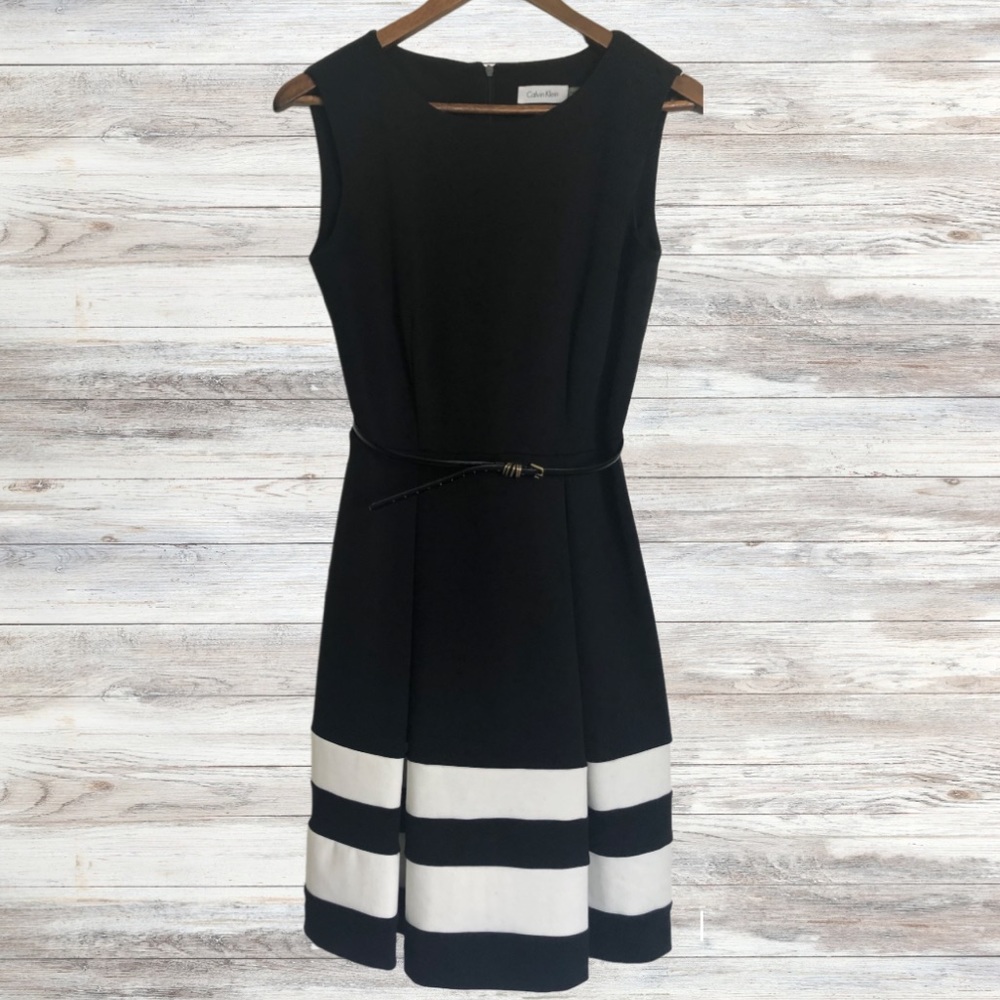 Calvin Klein Womens Career Dress Fit Flare Size 0
Black White Stripe Sleeveless